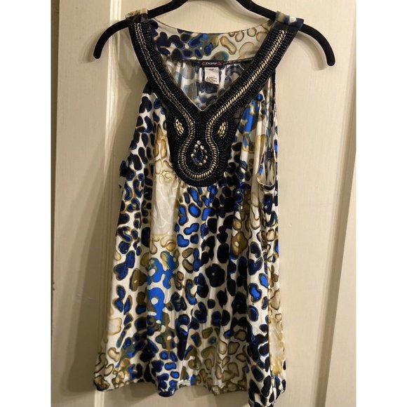 Cocomo Women's Top XL Beaded Front Yoke Sleeveless Pullover Stretch Tank Print - Picture 1 of 10